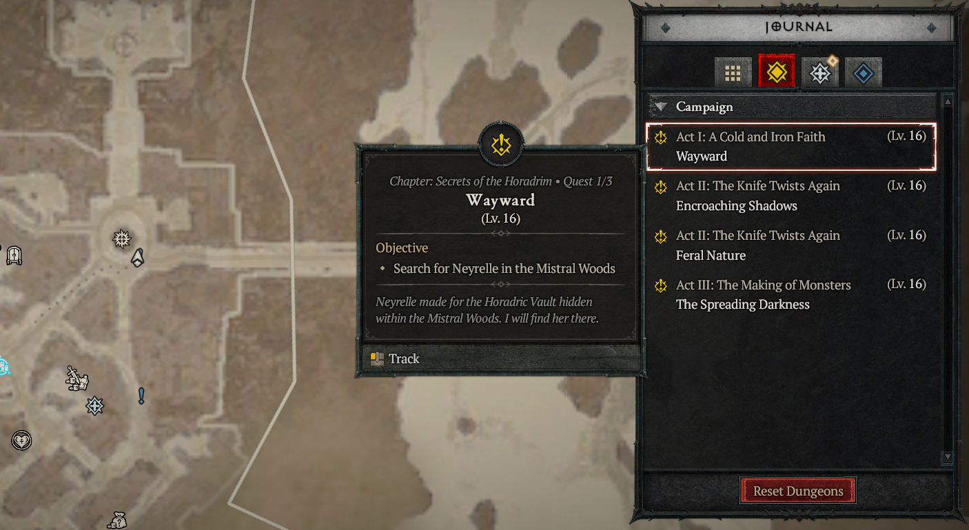 A screenshot of the campaign quests in Diablo IV