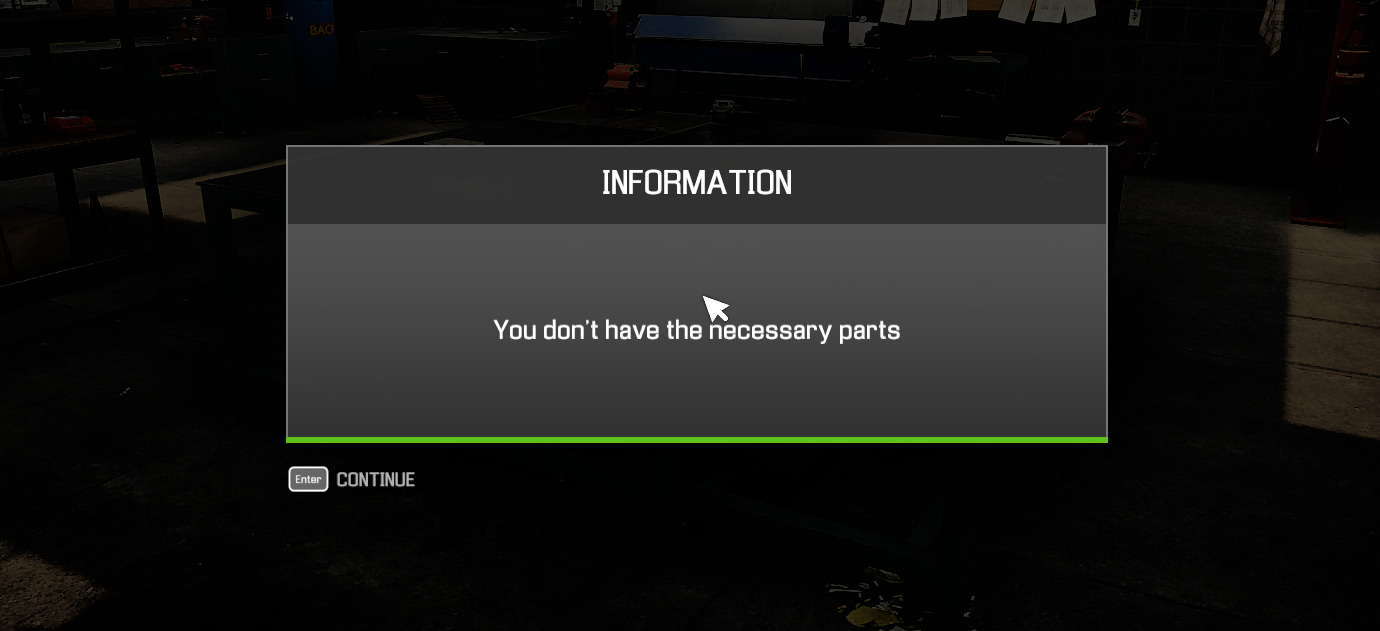 A screenshot of the "You don't have the necessary parts" screen in Car Mechanic Simulator