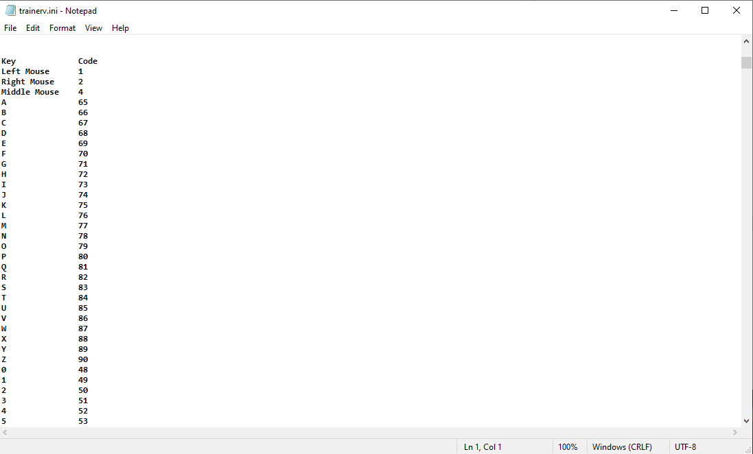 A screenshot showing the number codes for the keybindings in the trainerv.ini file