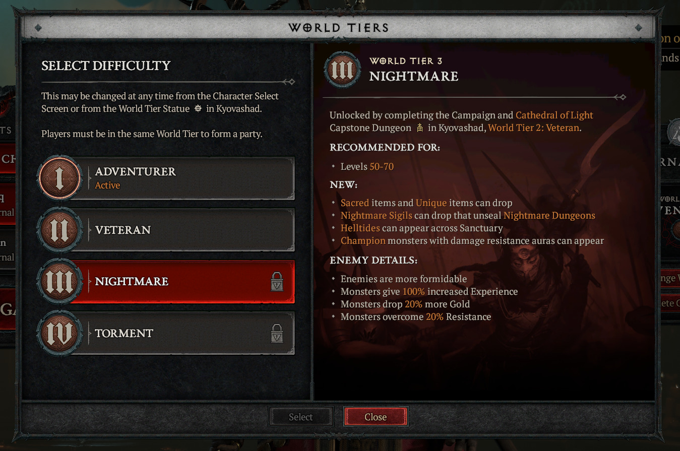 A screenshot of Diablo IV World Tiers