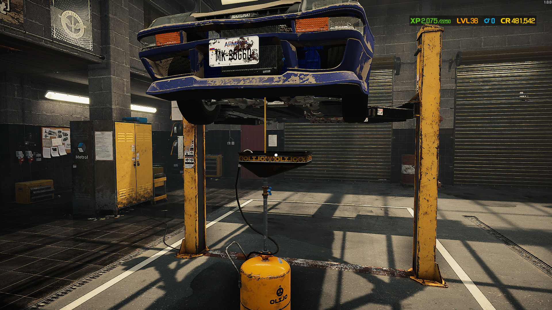 A screenshot showing the car on the car lift in Car Mechanic Simulator