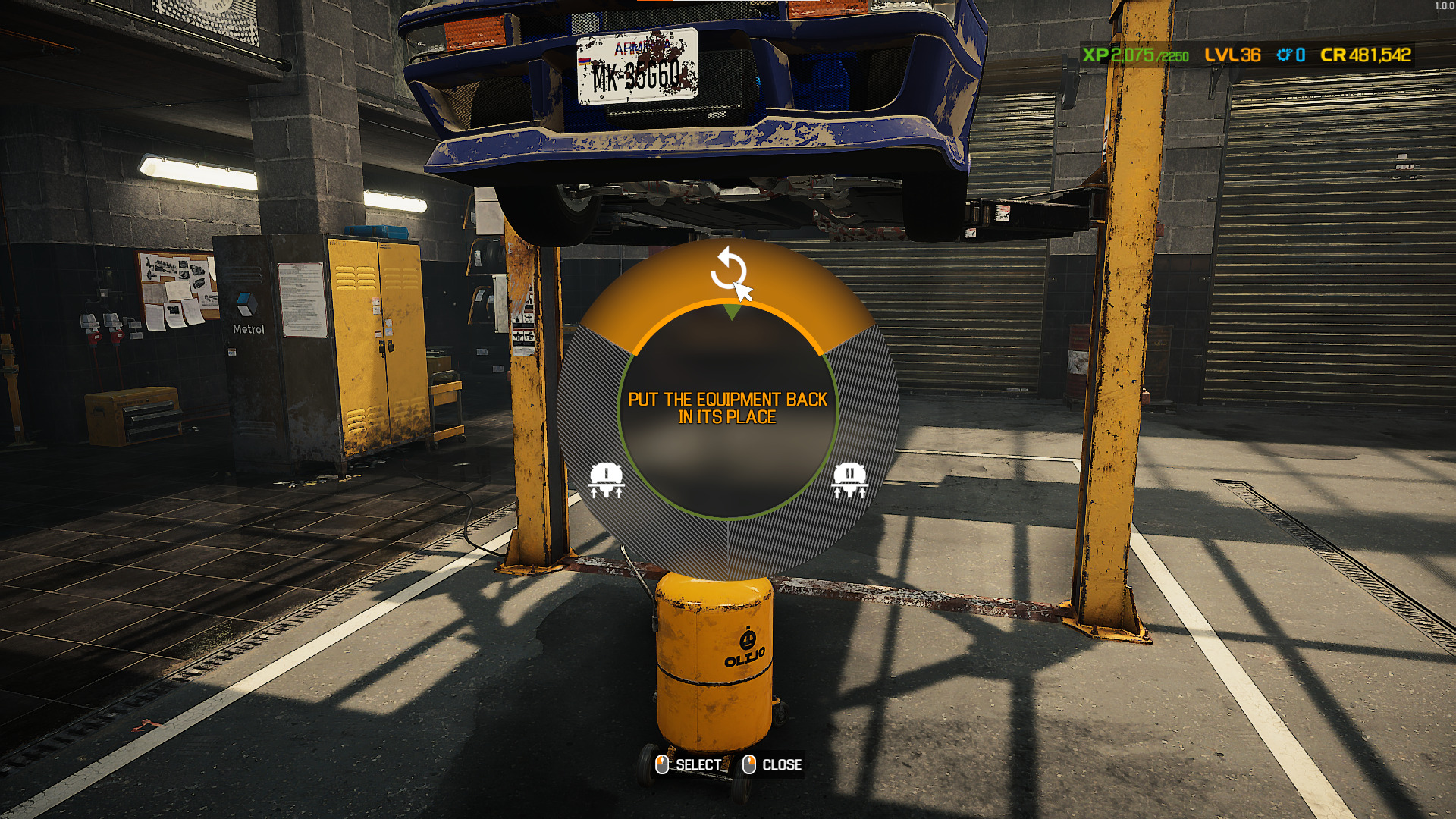 A screenshot showing how to put the equipment back in its place in Car Mechanic Simulator