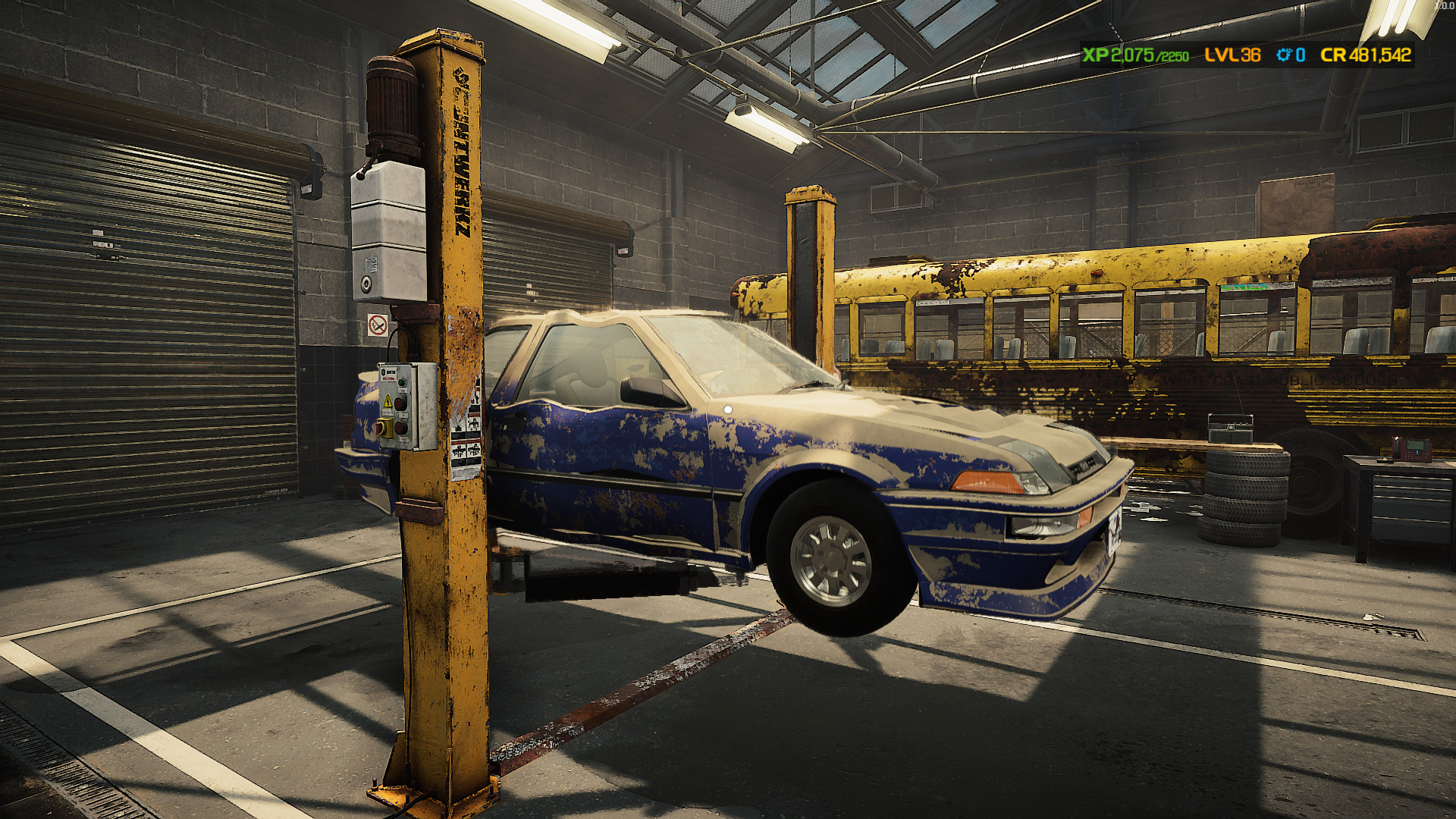 A screenshot showing the car on the car lift in Car Mechanic Simulaotr