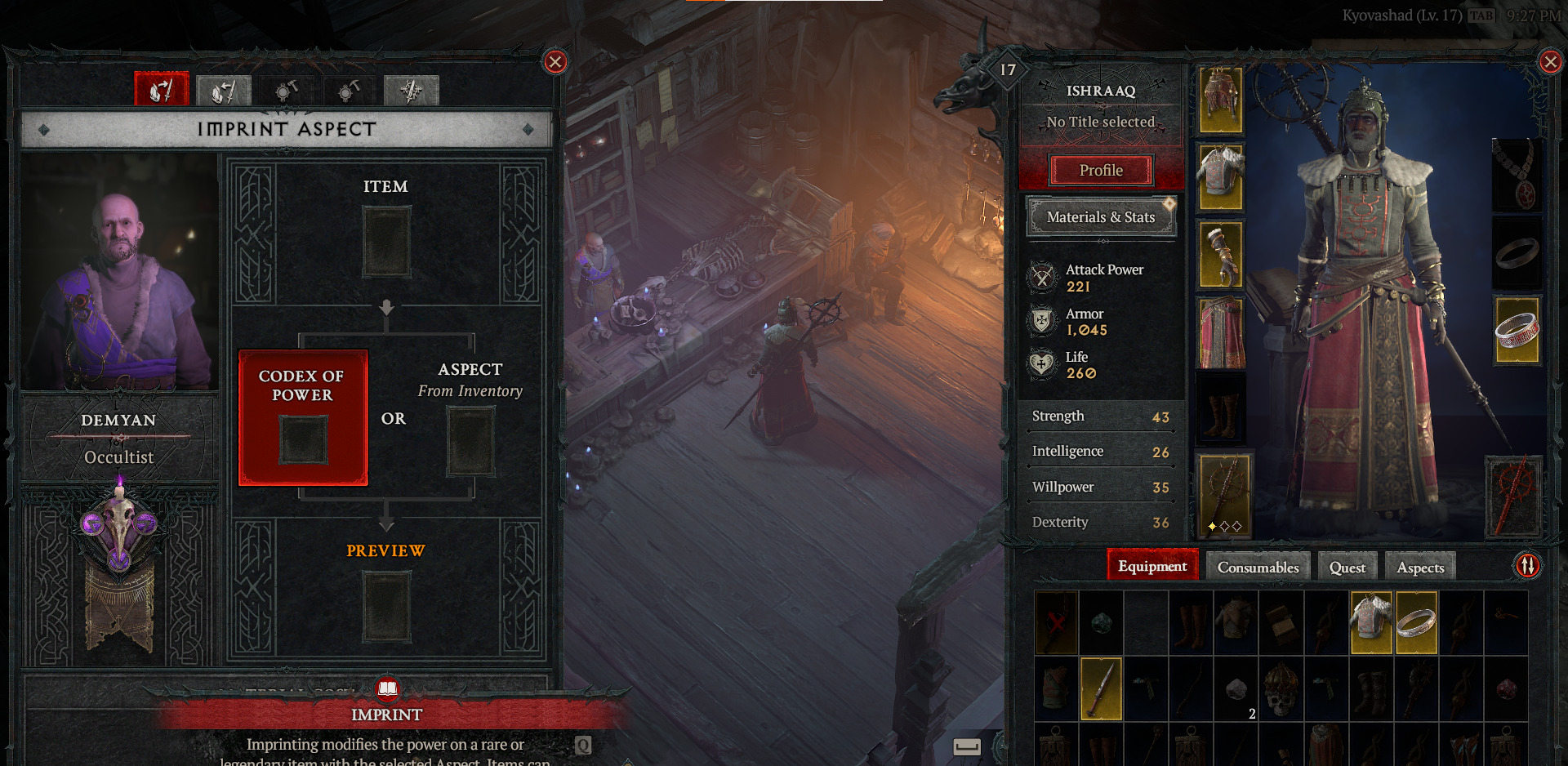 A screenshot showing the Imprint Aspect screen in Diablo 4