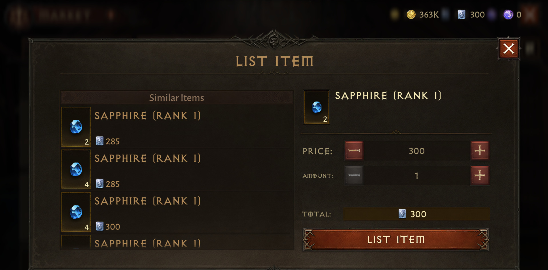 A screenshot showing Sapphires in Diablo Immortal