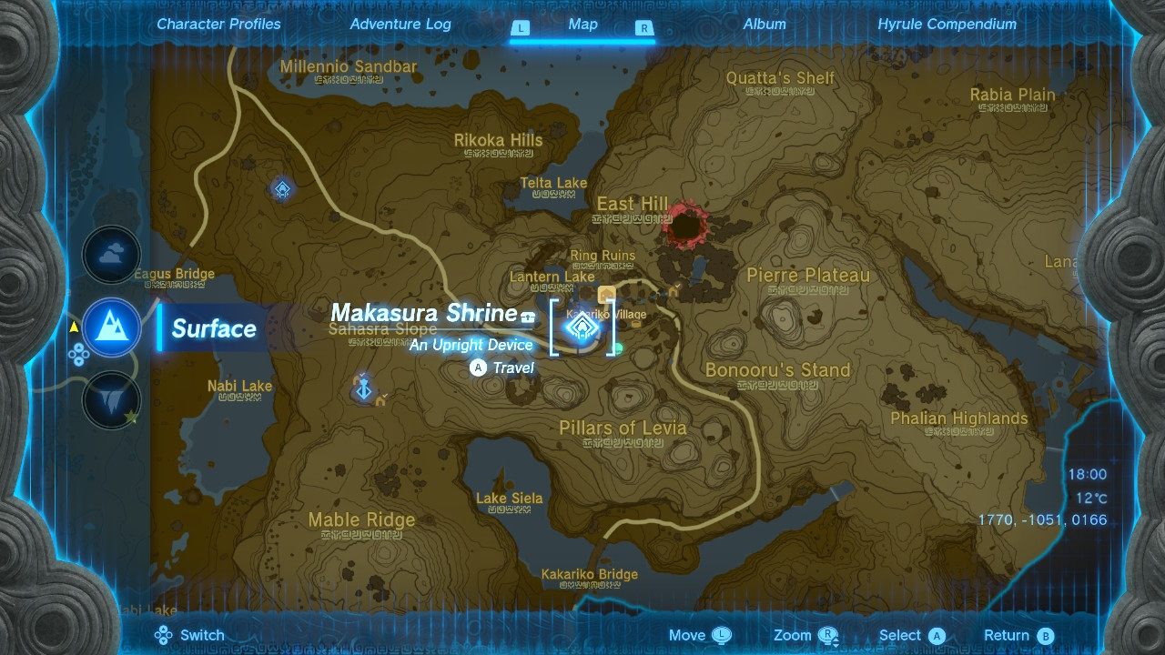 A screenshot showing where to find the Makasura Shrine in Tears of the Kingdom
