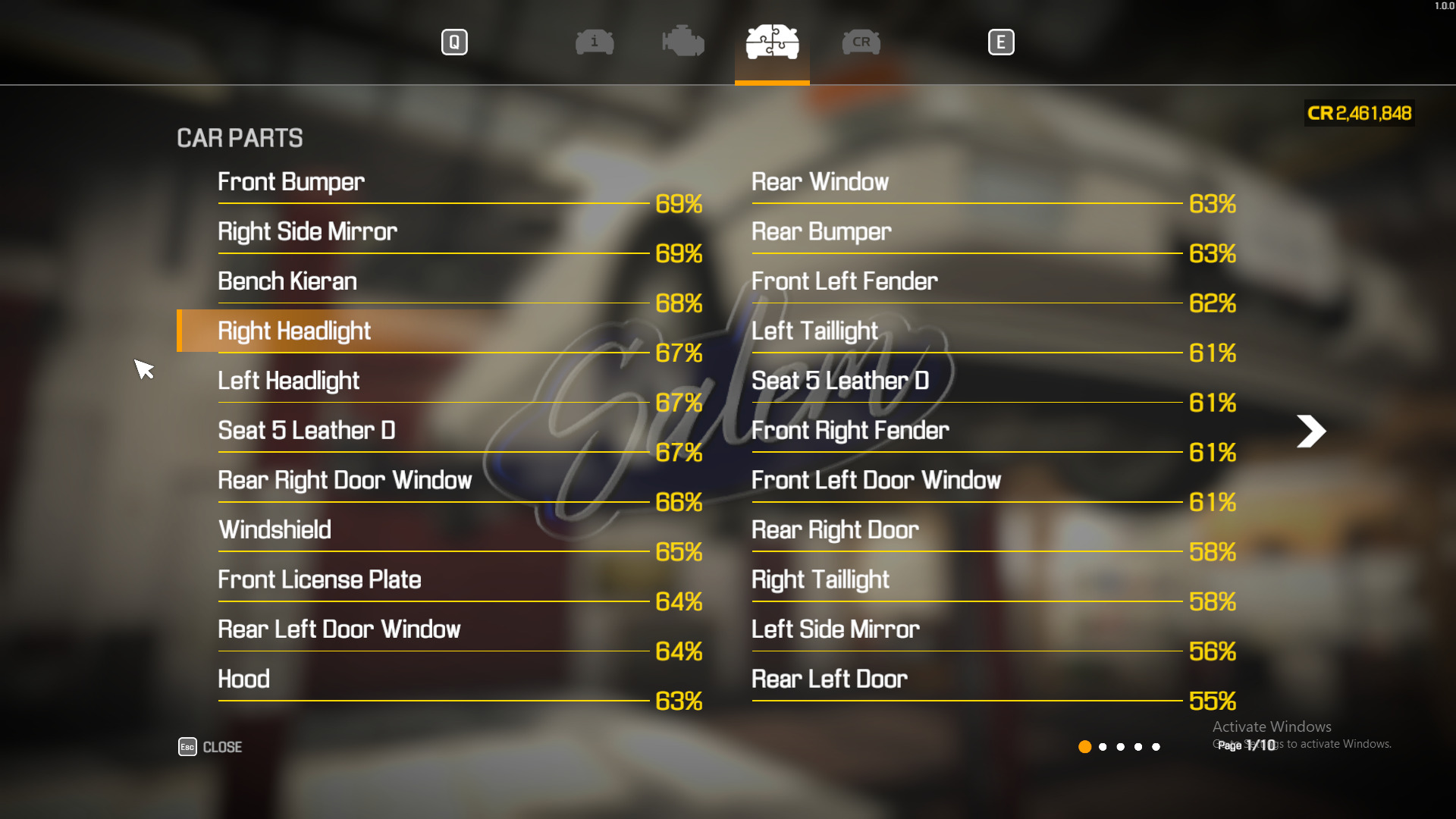 A screenshot showing the car parts inventory in Car Mechanic Simulator