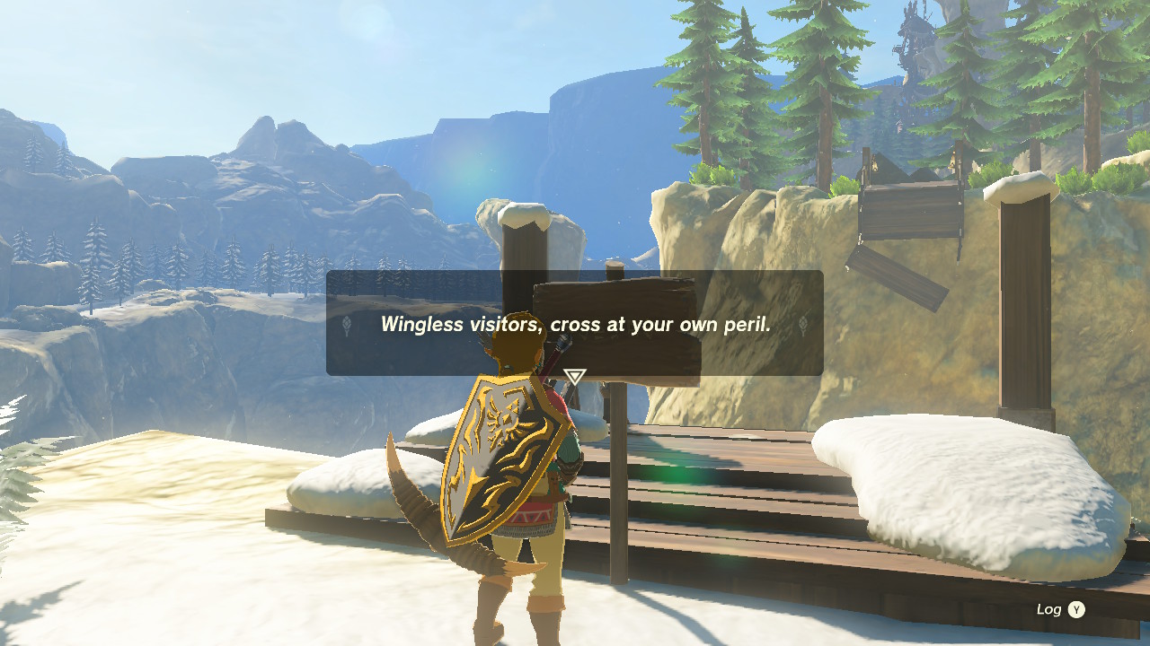 A screenshot showing Link standing in front of the Broken Bridge