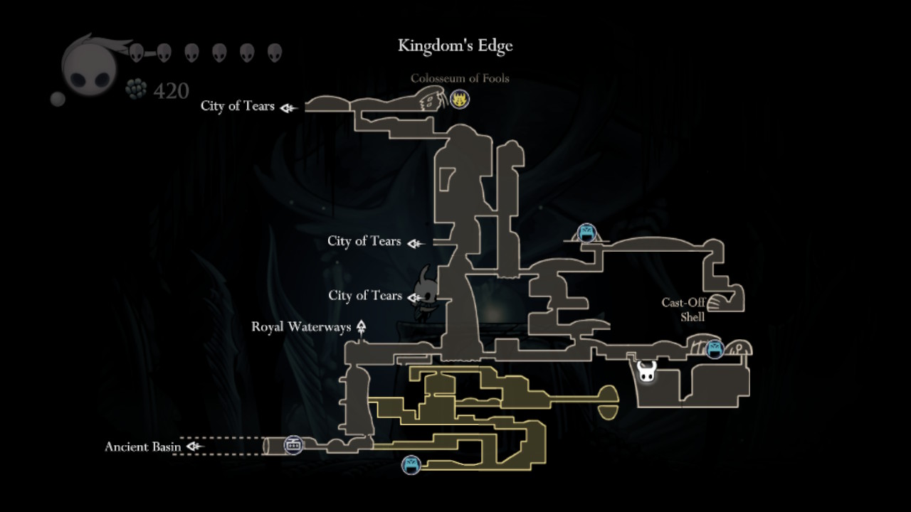 A screenshot showing where to find the Quick Slash Charm on the Hollow Knight Map