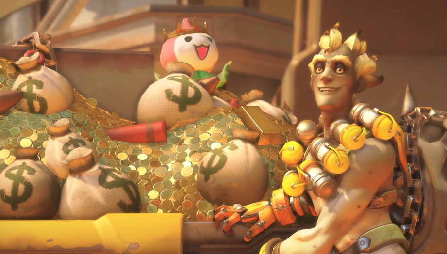 Junkrat from Overwatch 2 standing next to a large pile of money