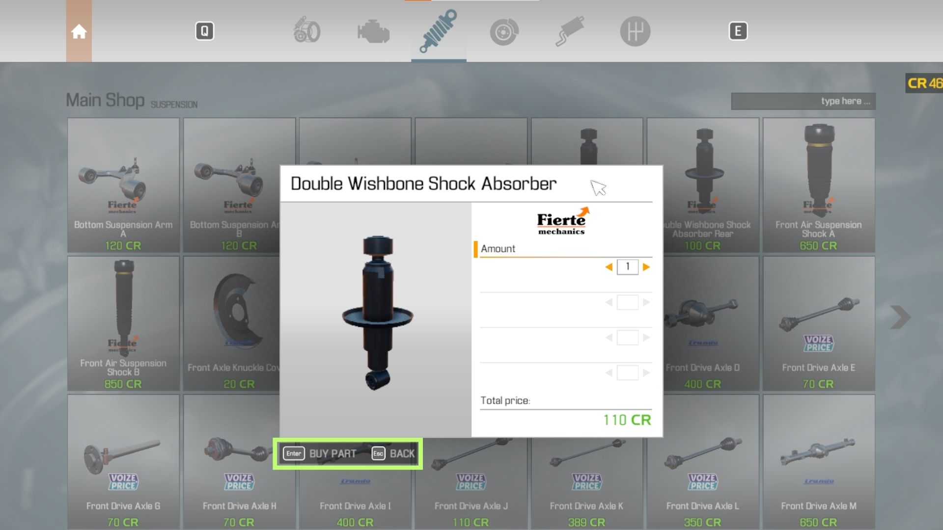 Main Shop screenshot of a Double Wishbone Shock Absorber in Car Mechanic Simulator. 