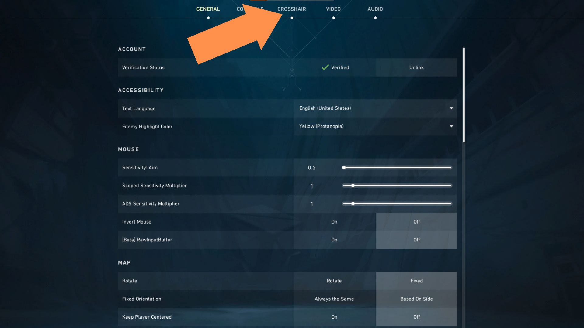 A screenshot showing the Crosshair tab in the Settings menu in Valorant