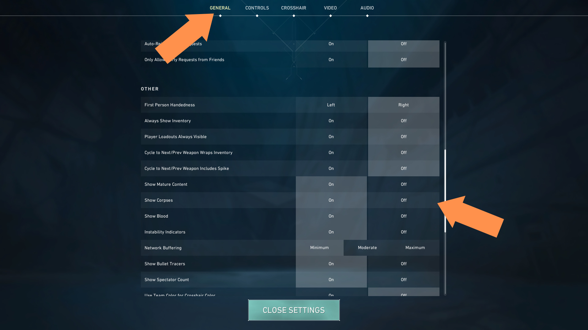 A screenshot of the settings menu in Valorant
