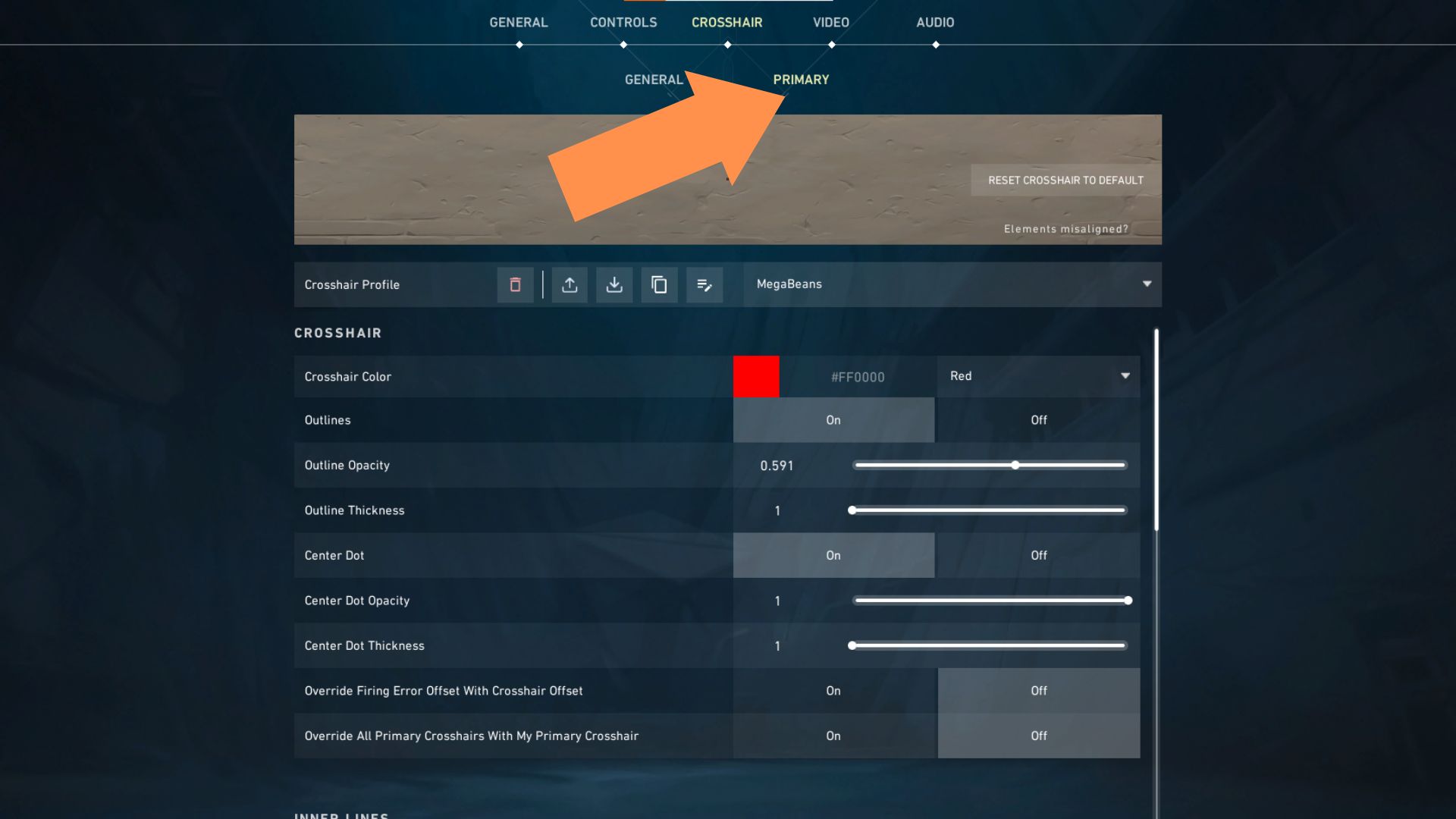A screenshot showing the Primary tab for the crosshair settings in Valorant