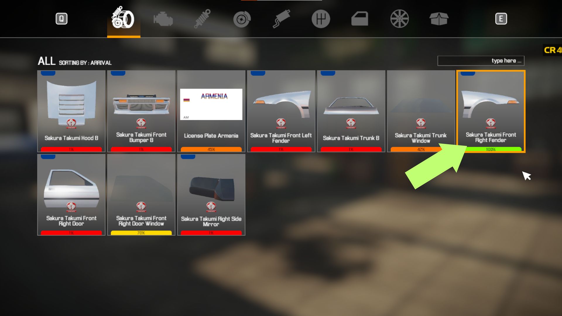 A screenshot showing the repaired body part in your inventory in Car Mechanic Simulator