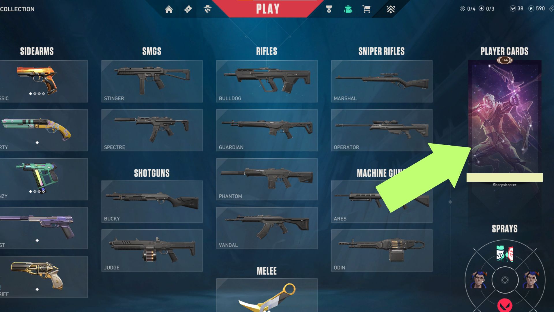 A screenshot of the player's collection tab, and an arrow pointing to the Player Cards section
