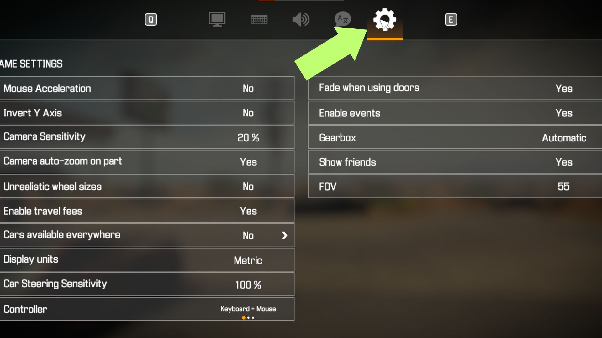 A screenshot showing which settings tab to navigate to enable cars everywhere