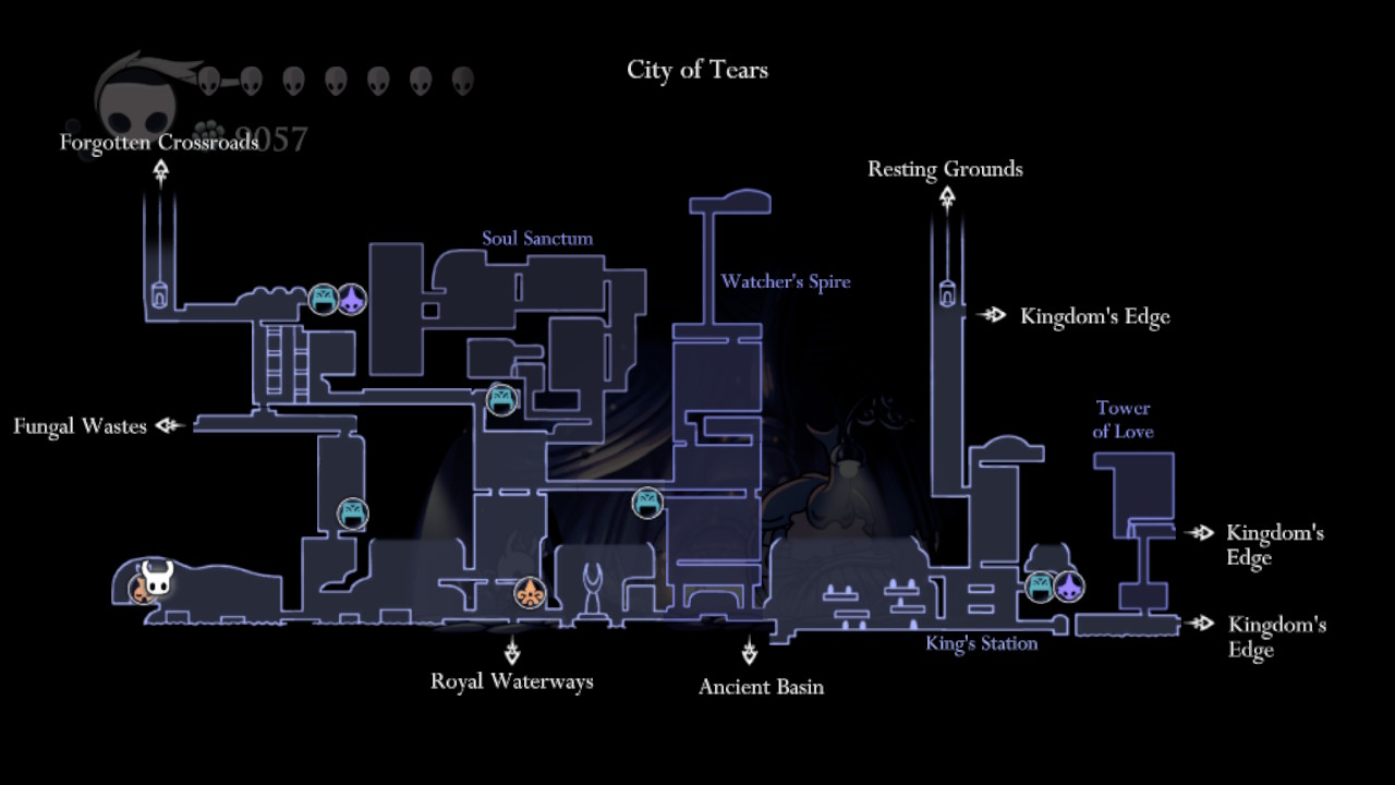 A screenshot showing where to find the Nailsmith in Hollow Knight