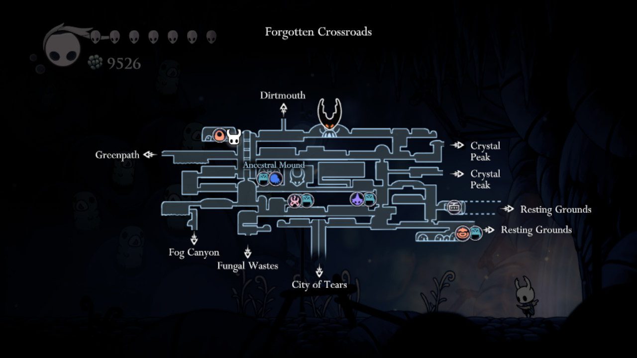 A screenshot showing where to find the Grubfather in Hollow Knight