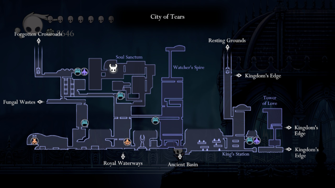 A screenshot showing the location of the Soul Master in Hollow Knight
