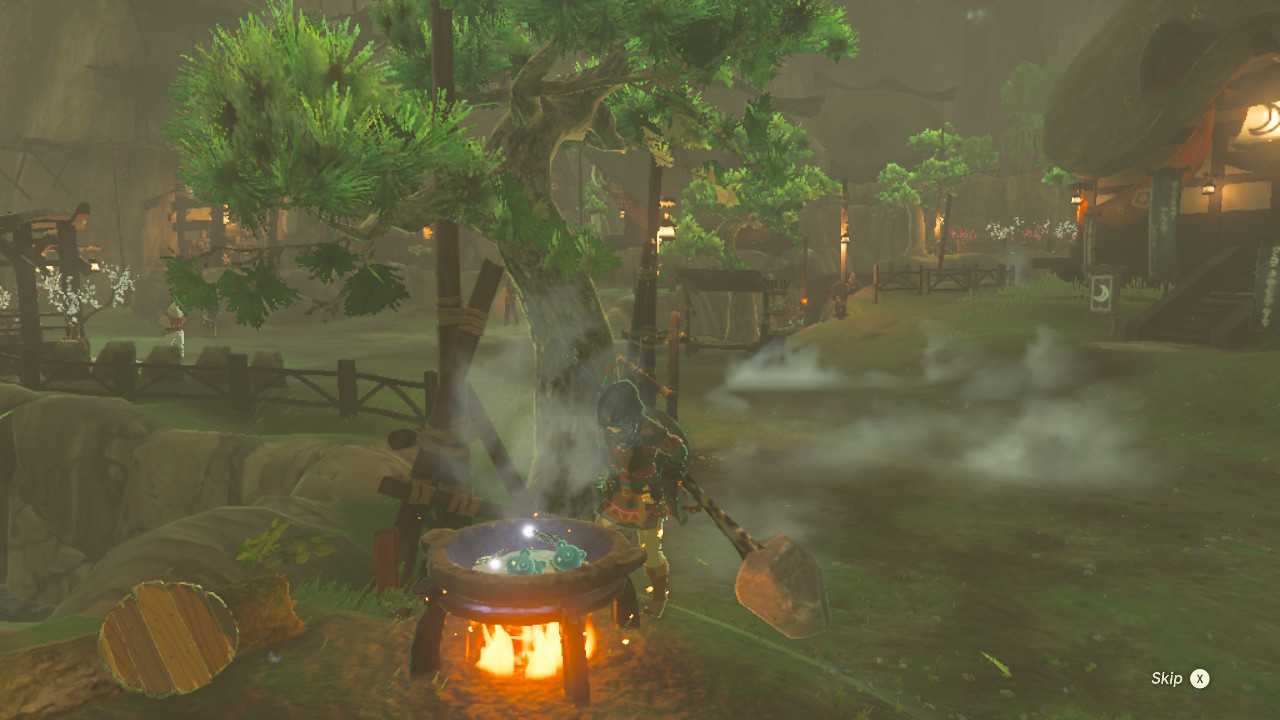 A screenshot showing Link making an elixir in Tears of the Kingdom
