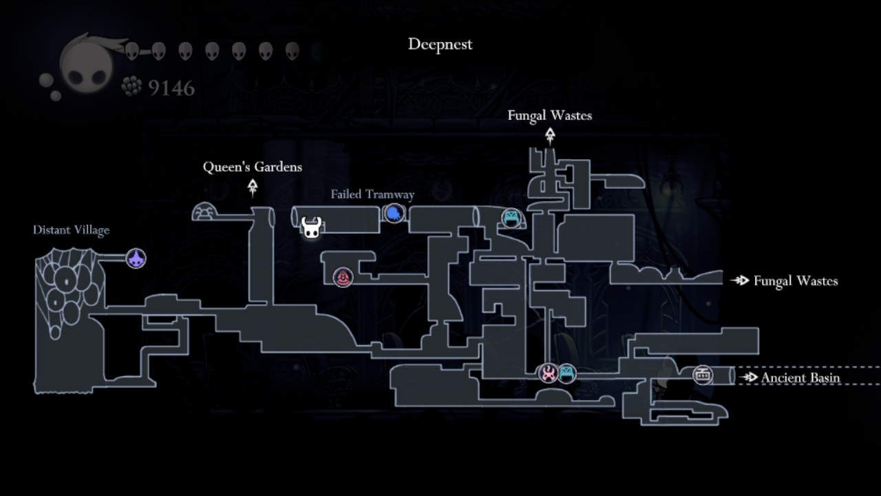 A screenshot showing the path to the Tram Pass in Hollow Knight