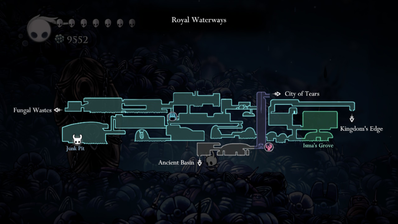 A screenshot showing the Junk Pit location in Hollow Knight