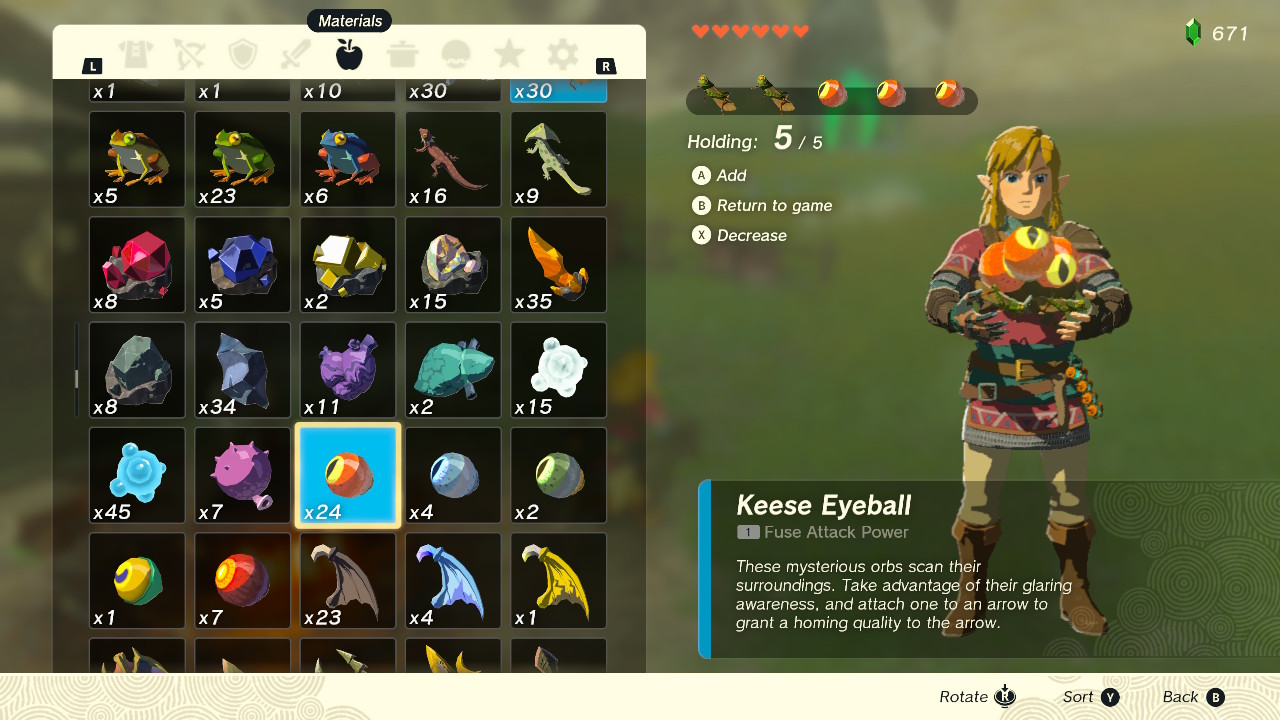 A screenshot of Link's inventory in Tears of the Kingdom