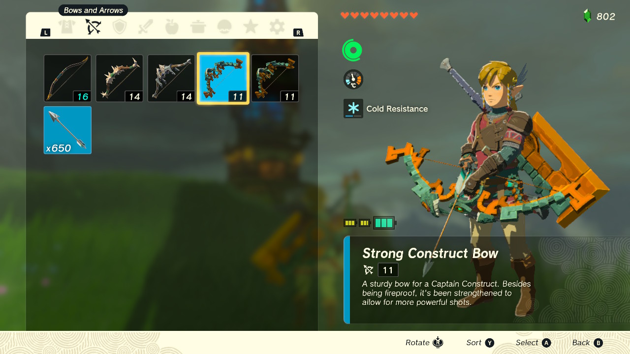 A screenshot of the tab for Bows and Arrows in Link's inventory