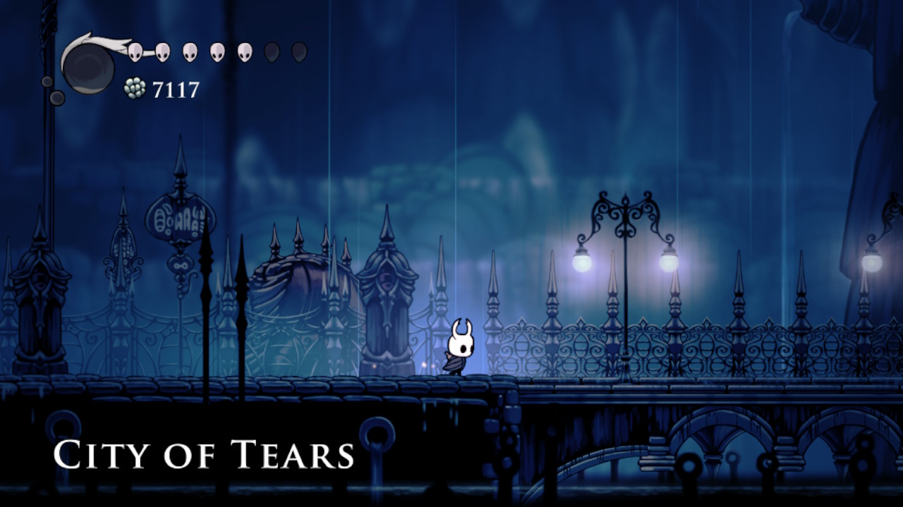 A screenshot of the Knight walking in the City of Tears