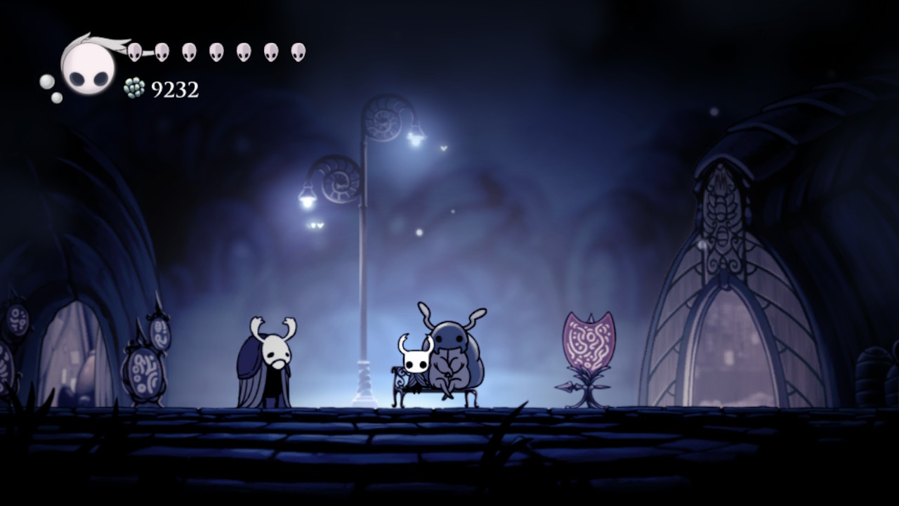 A screenshot of the Knight sitting on a Bench in Dirtmouth.