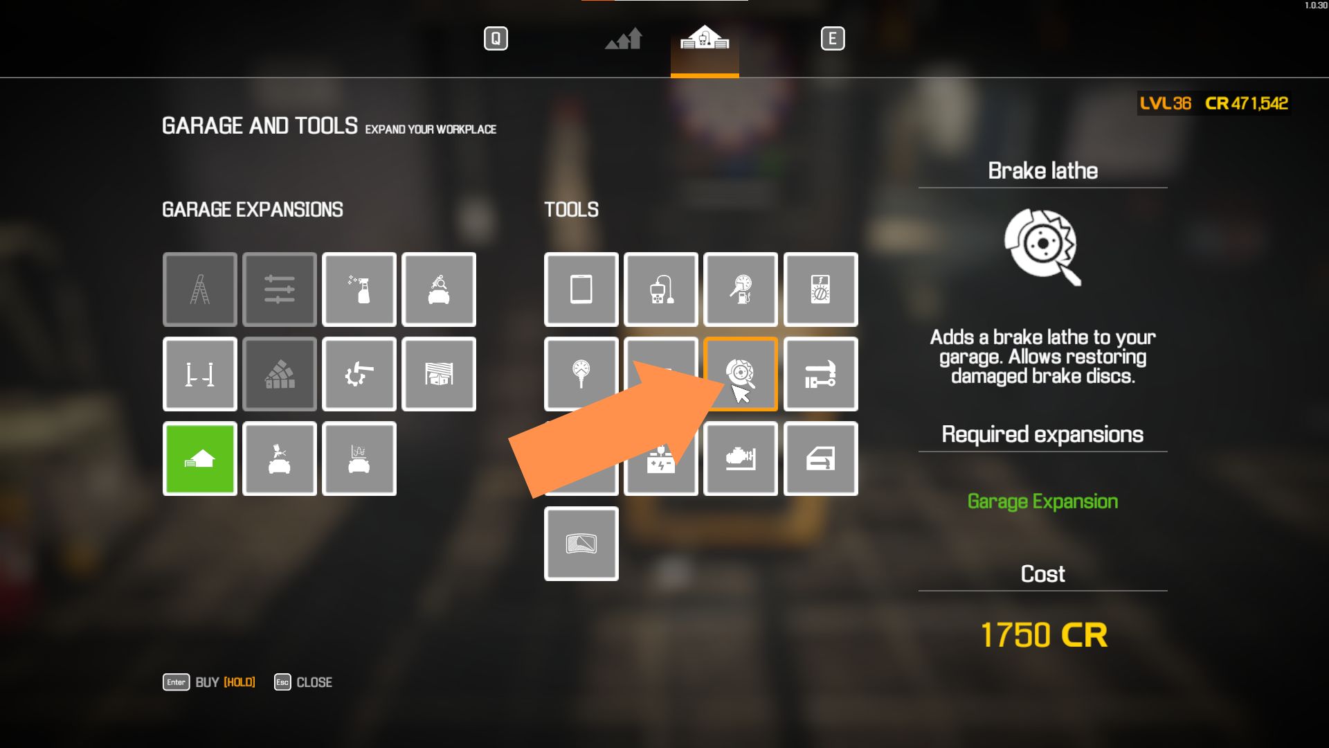A screenshot showing where to purchase the Garage Expansion upgrade from in Car Mechanic Simulator