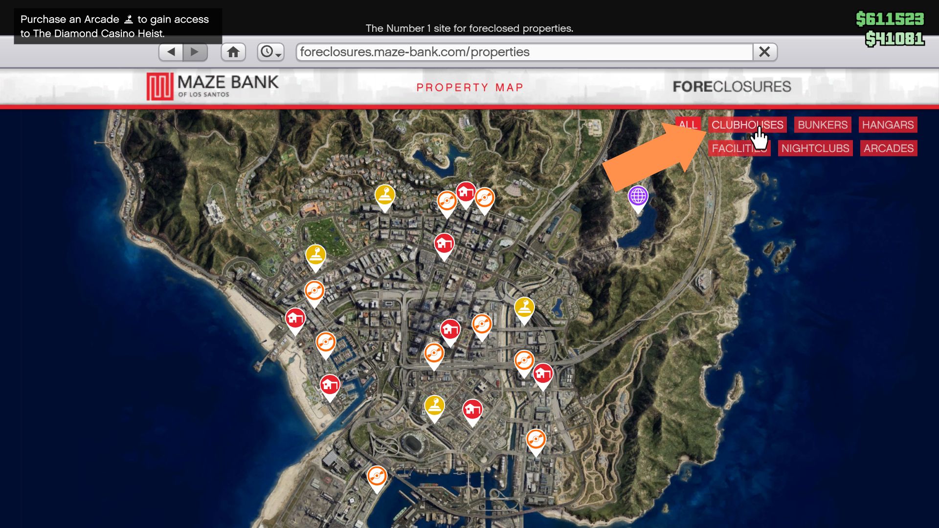 Sort the available Clubhouses in GTA V by pressing the clubhouse button