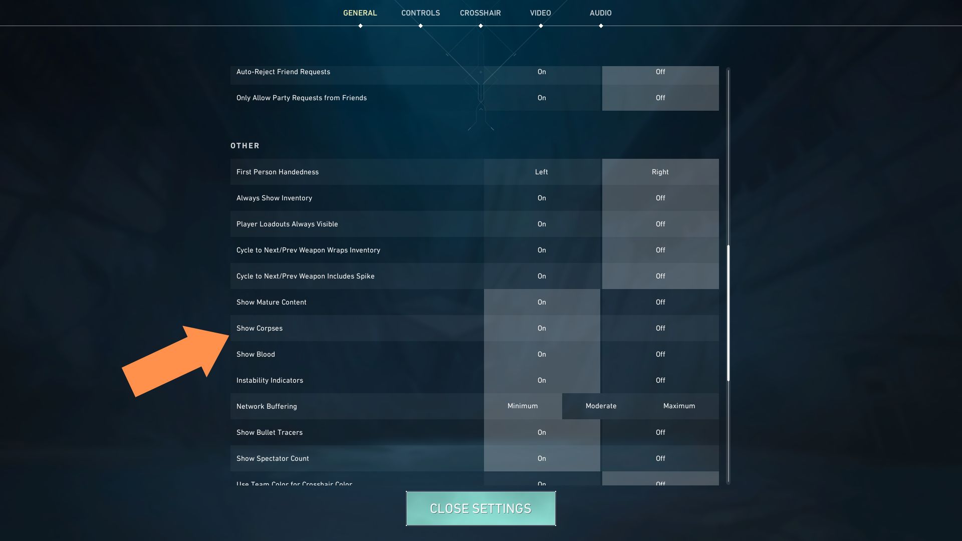 A screenshot of the settings menu in Valorant