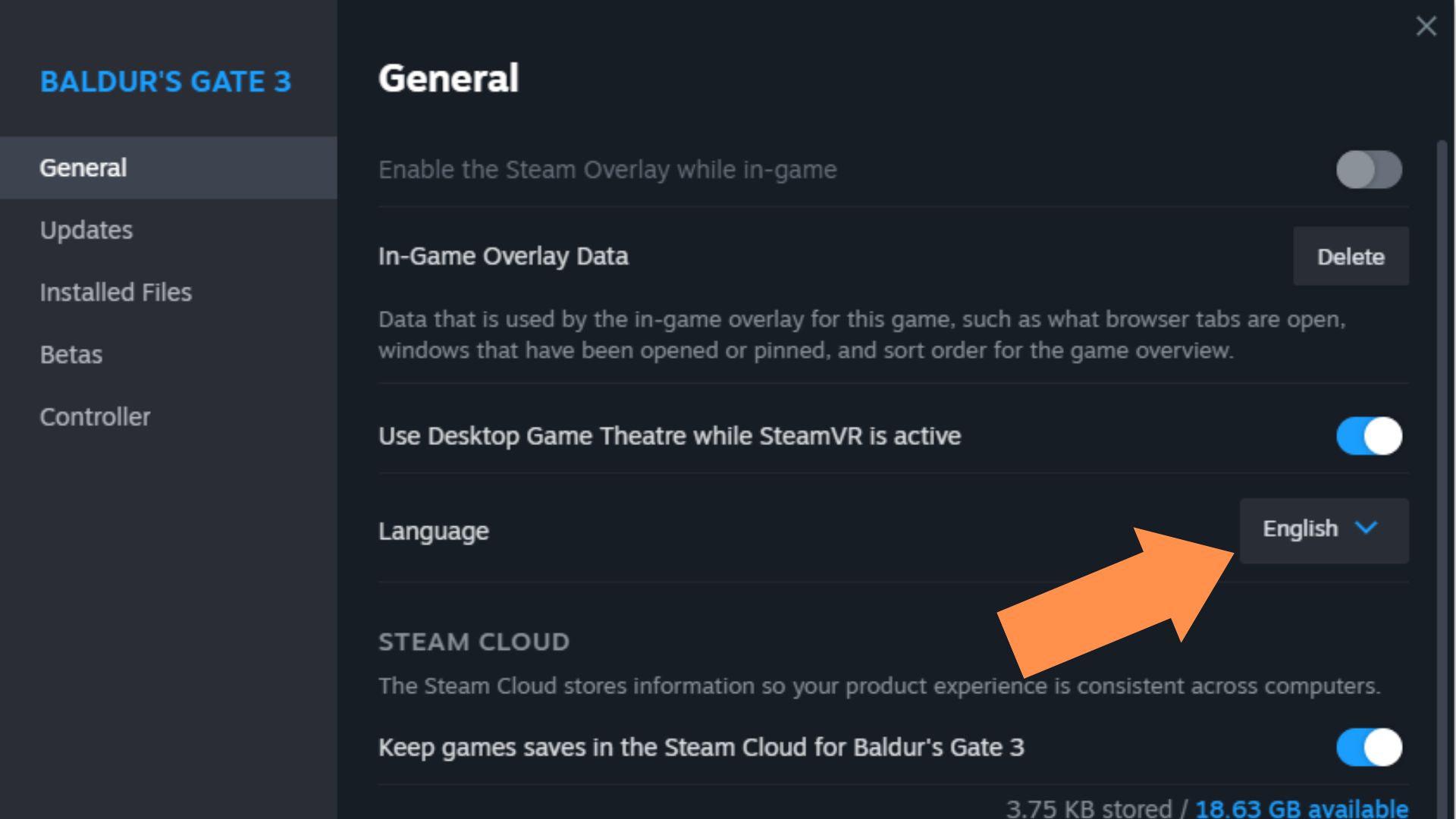 A screenshot showing the language option in the Steam Menu