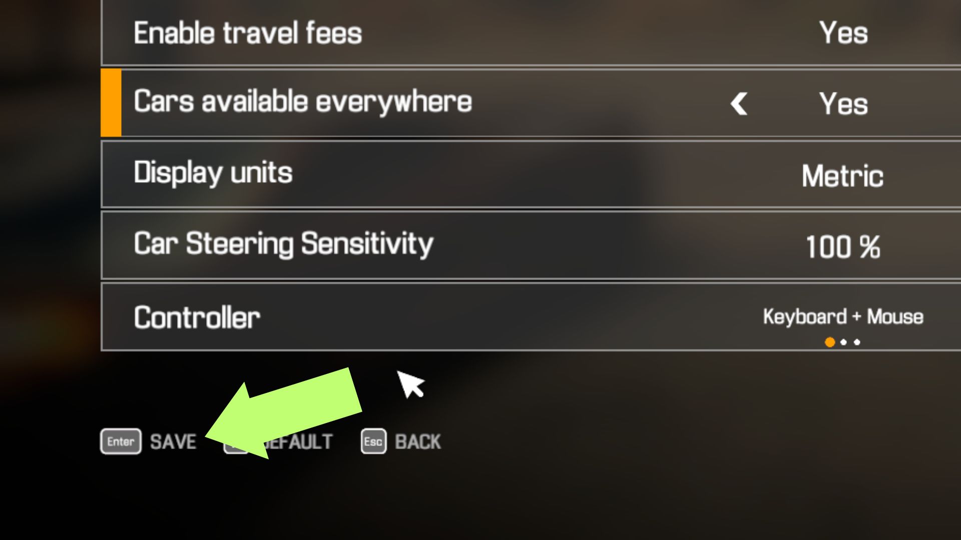Screenshot showing how to save your settings after editing them in Car Mechanic Simulator