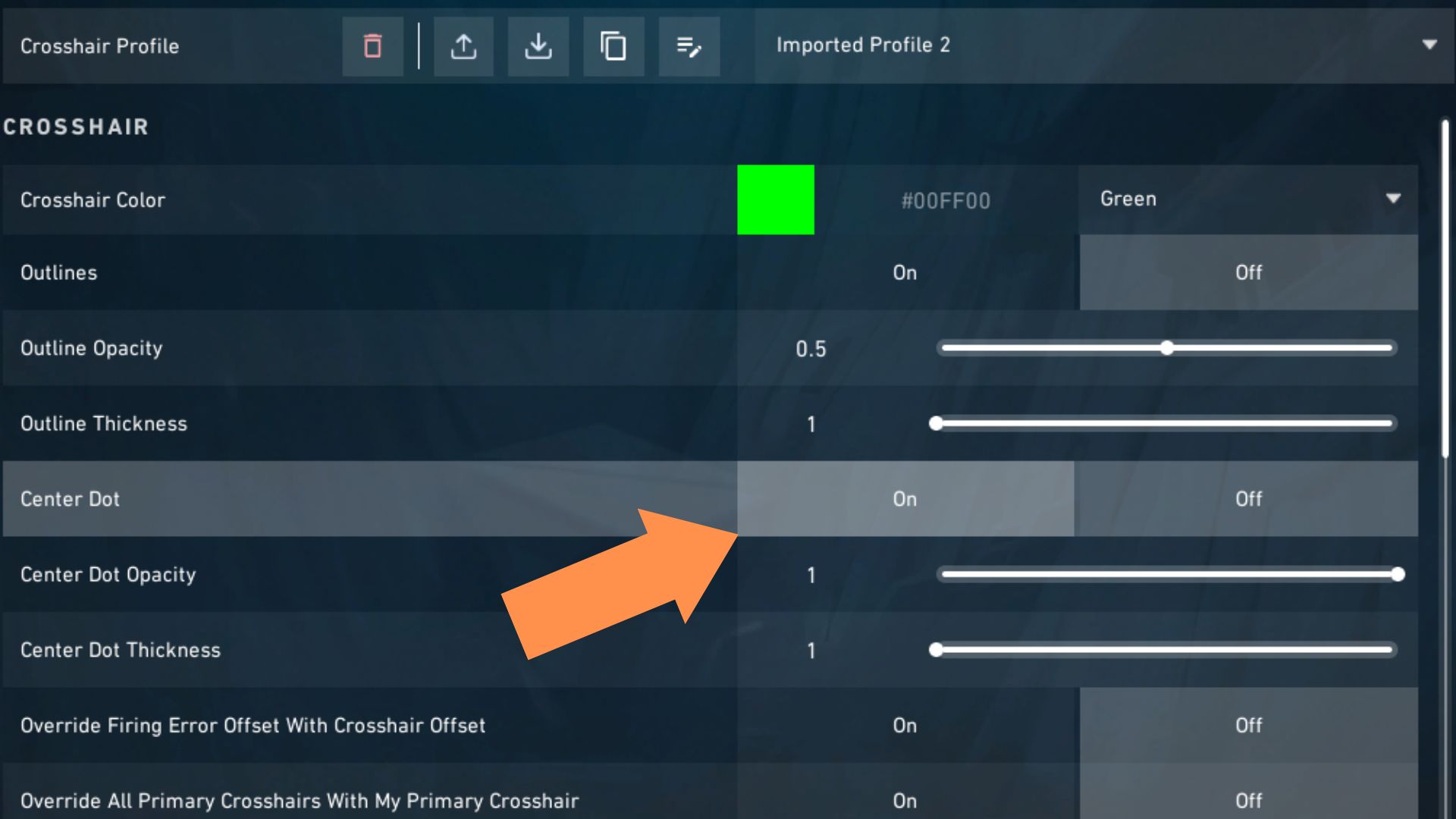 Turn on Center Dot to use a Dot Crosshair in Diablo Immortal. 