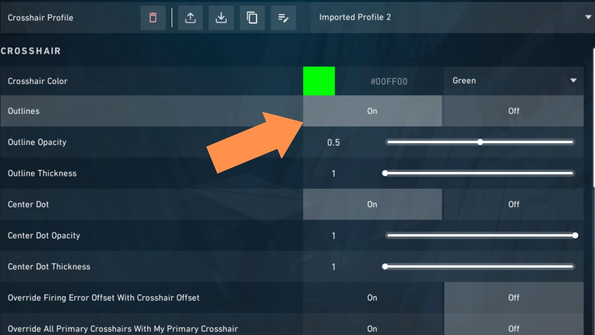 A screenshot showing the button to turn on Outlines for the crosshair in Valorant