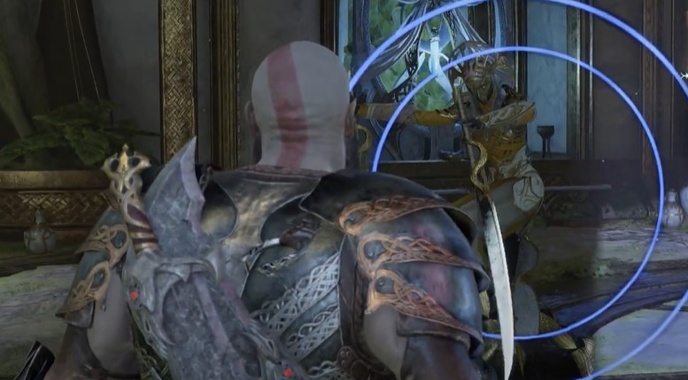 A screenshot showing a blue attack ring in God of War: Ragnarok