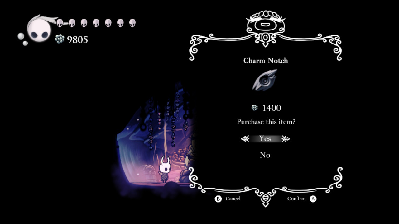 A screenshot showing the charm notch purchase screen in Hollow Knight