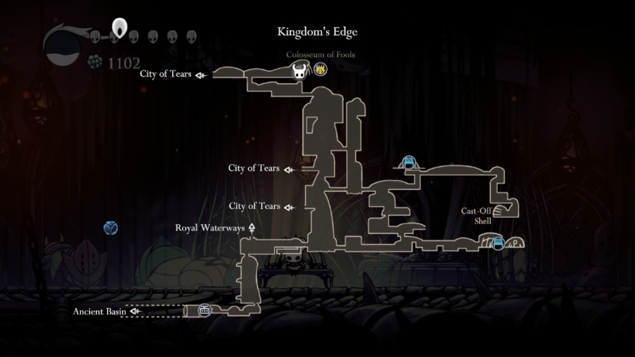 A screenshot showing the Colosseum of Fools on the Hollow Knight map
