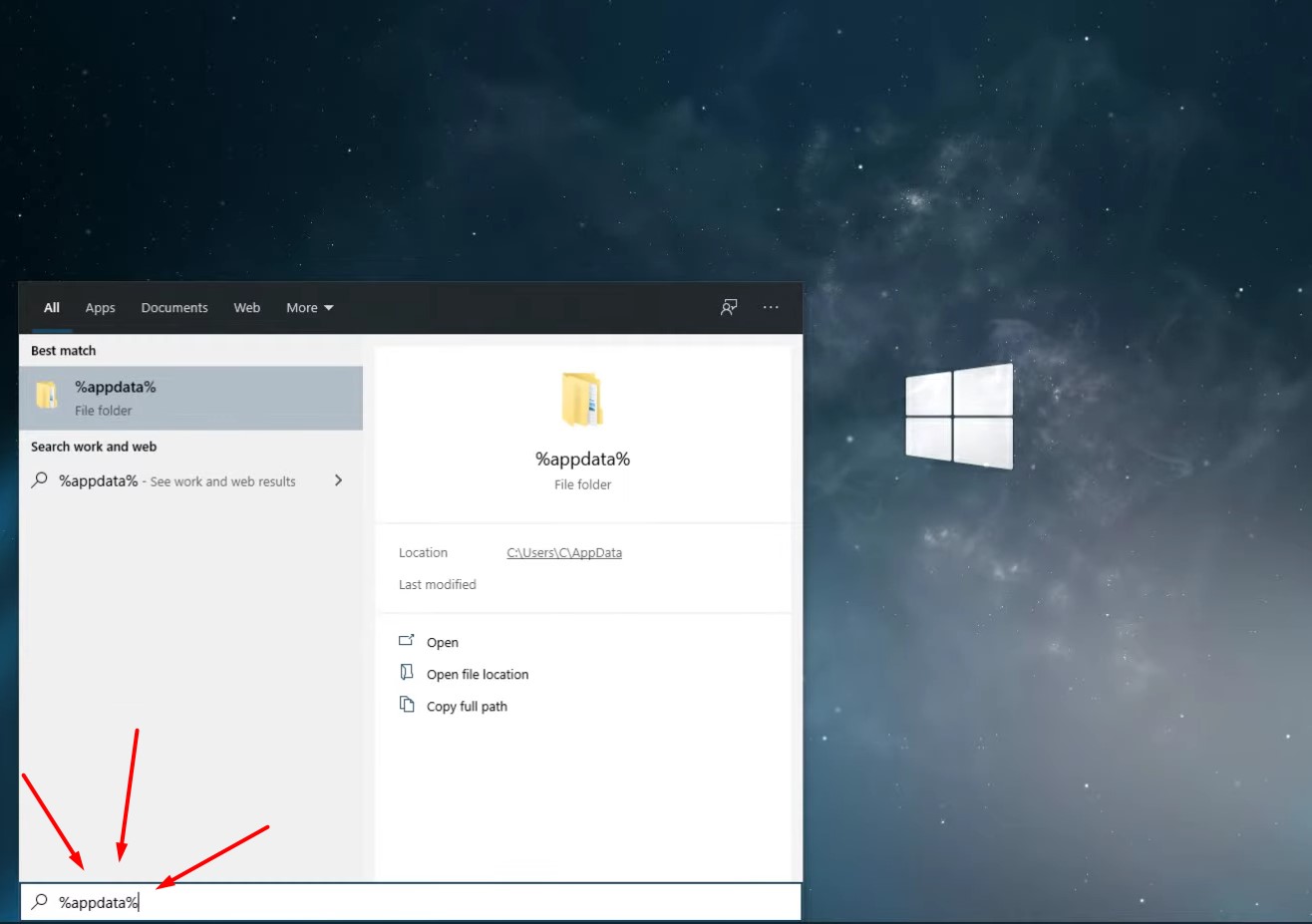 A screenshot showing the %appdata% file folder in Windows