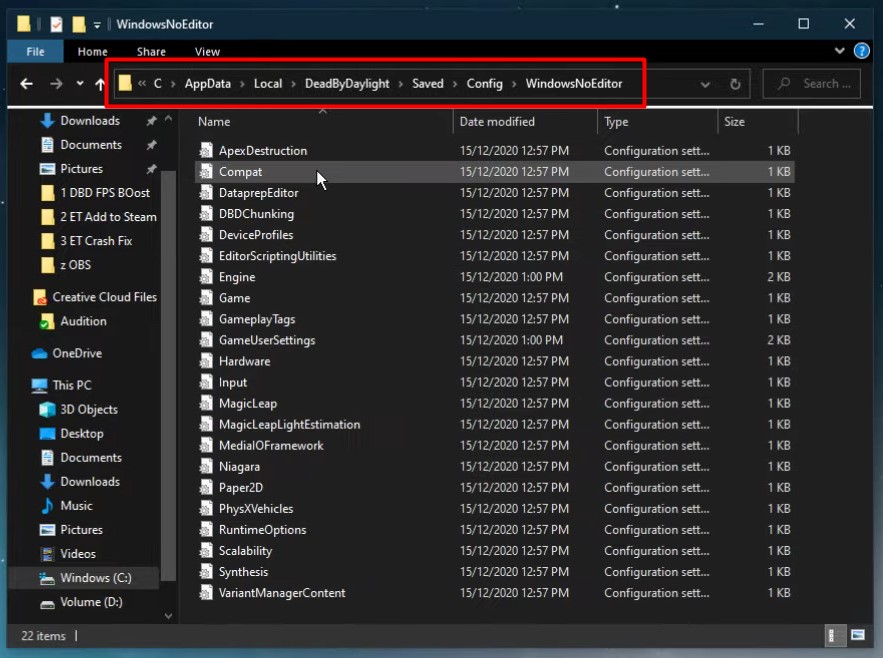 A screenshot showing where to find the Compat file in Windows