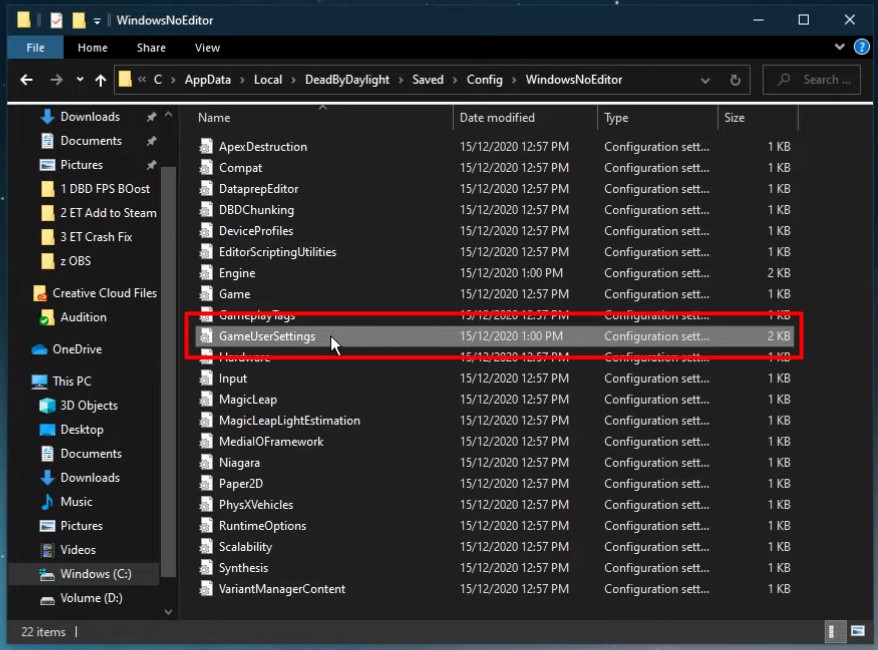 A screenshot showing where to find the GameUserSettings file in Windows
