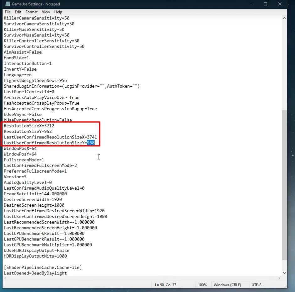 A screenshot showing what lines to edit in the GameUserSettings file