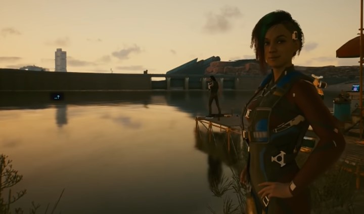 A screenshot of Judy standing in front of a sunset setting over a small body of water