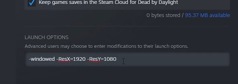 A screenshot showing how to input “-windows -ResX=1920 -ResY=1080” into the Steam Launcher Options