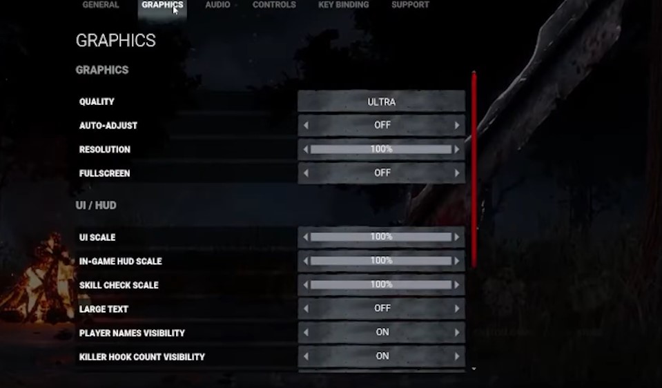 A screenshot showing the settings screen in Dead by Daylight