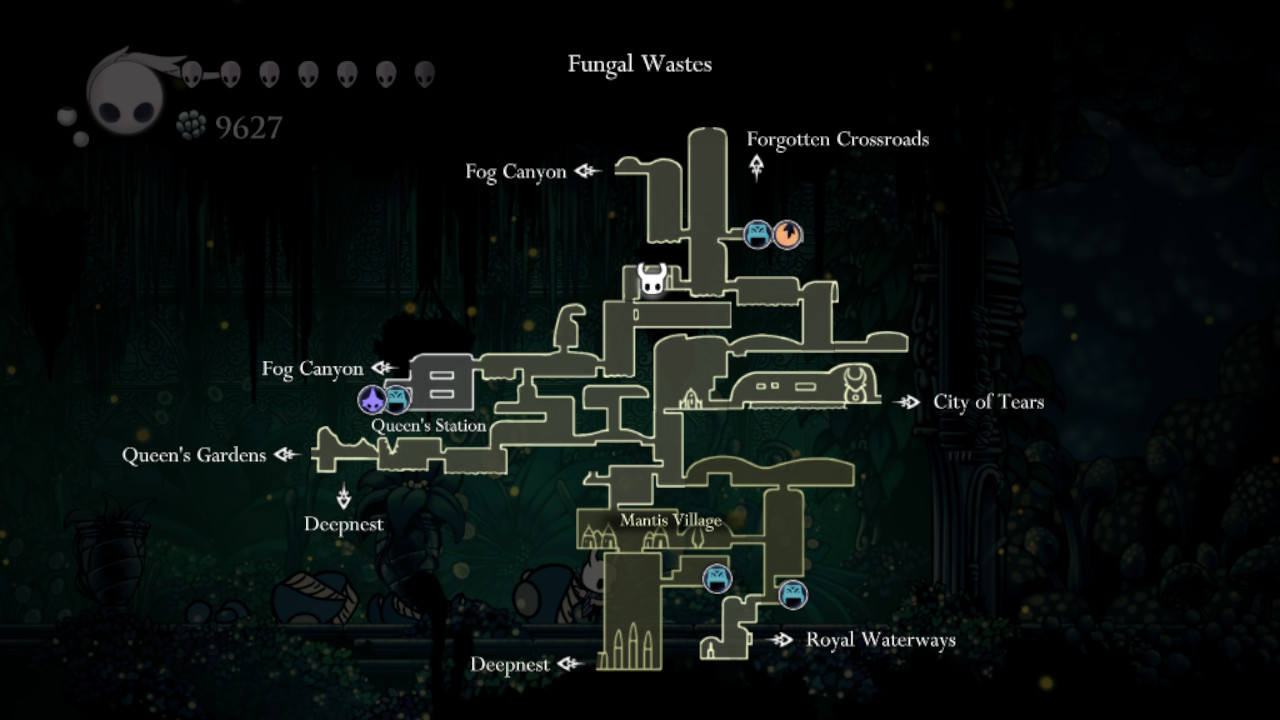 A screenshot showing the Fungal Wastes on the Hollow Knight map