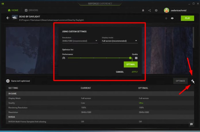 A screenshot showing the custom settings screen for Dead by Daylight in GeForce Experience